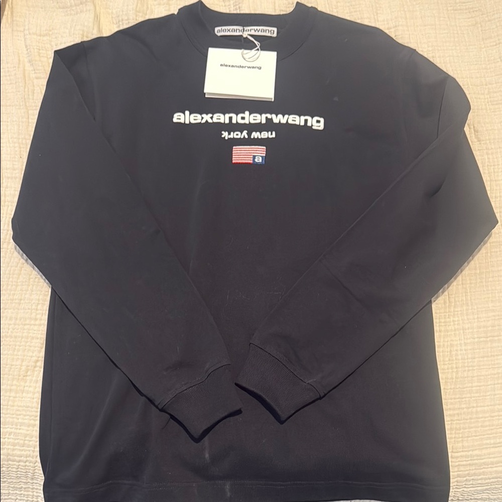 Alexander Wang Black Logo Crewneck Sweatshirt with Small Flag